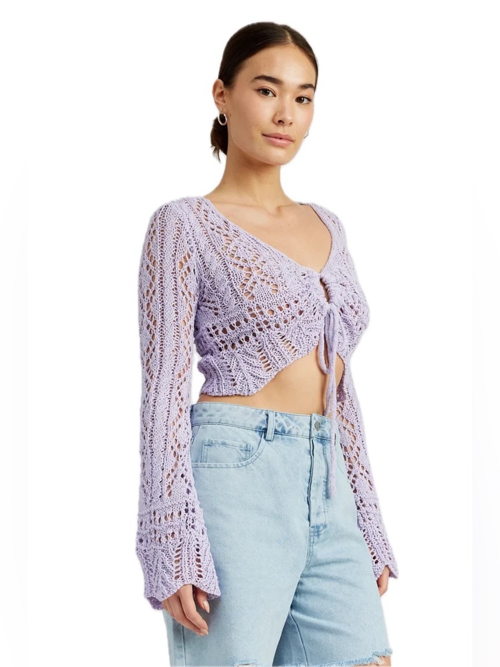 Altar’d State 100% Cotton Crochet Crop Sweater Tie Front Lavender Women Size M